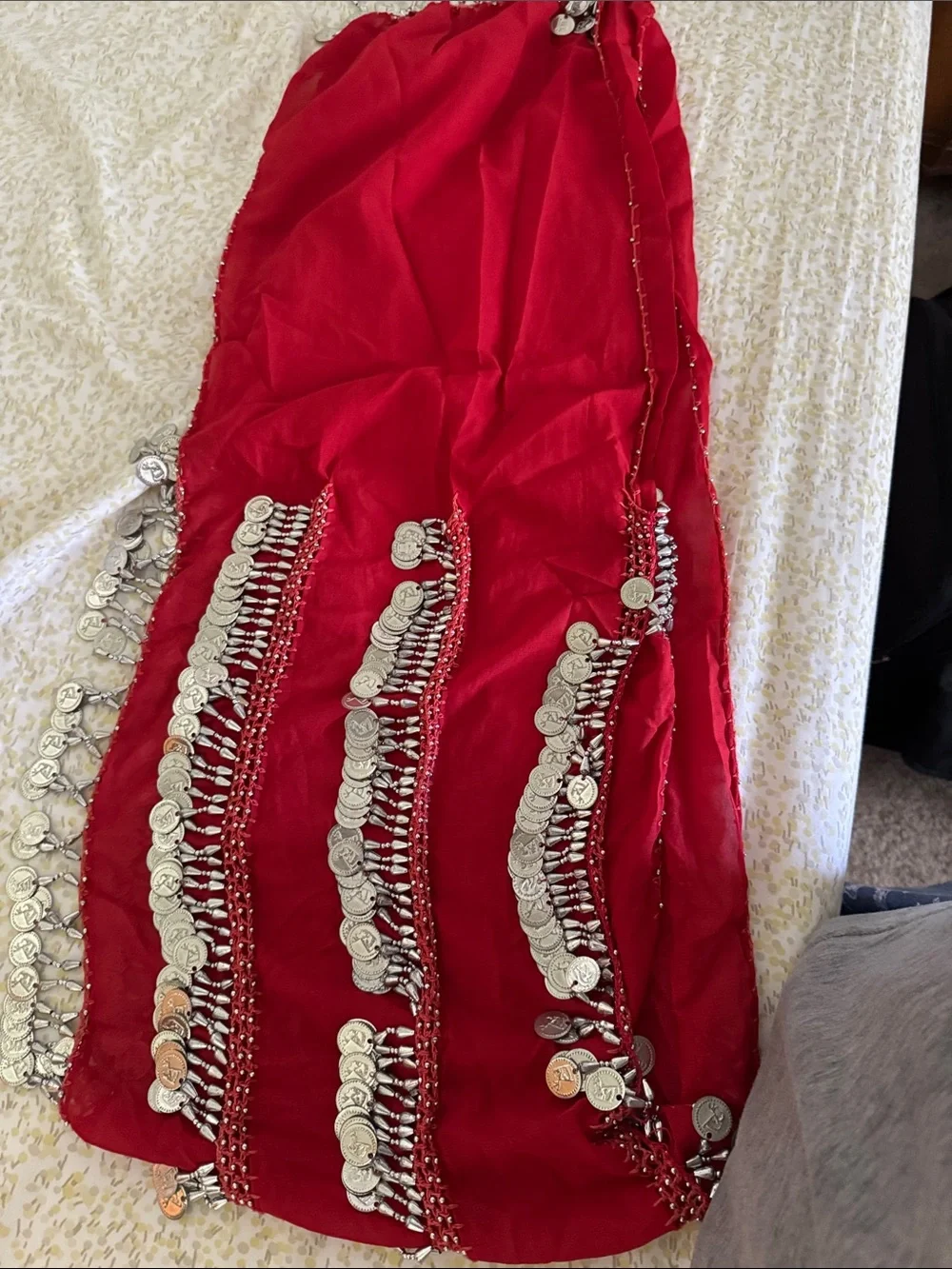 Red Belly Dance Hip Scarf with Silver Coins